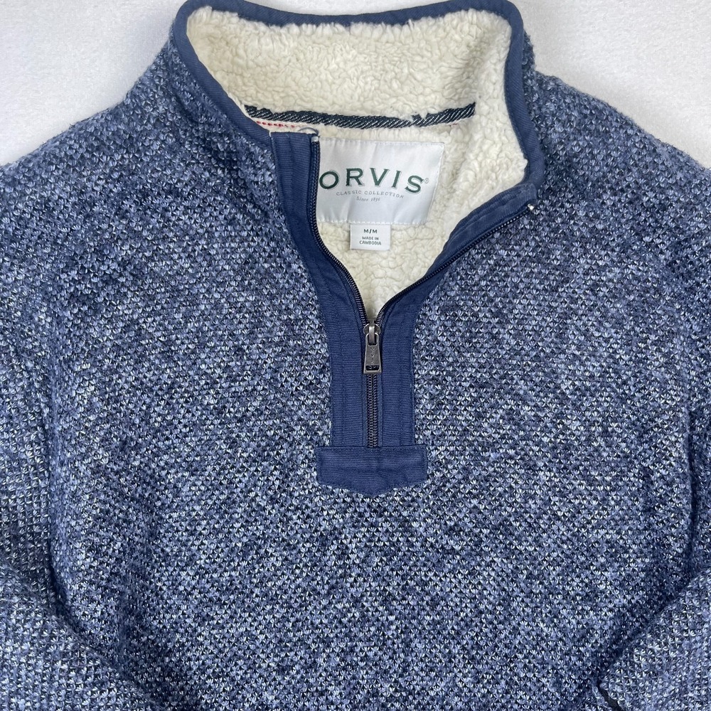 Orvis Sweater Men's Medium Blue White Sherpa-Lined 1/4 Zip Long Sleeve Pullover - Picture 3 of 9